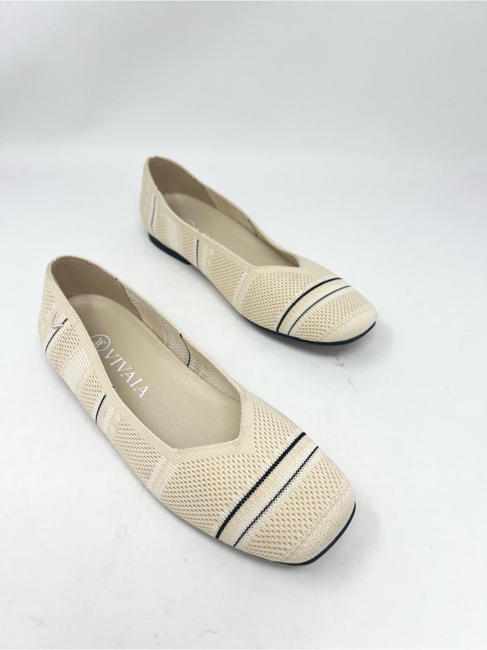 VIVAIA Square Toe V-Cut Flats Neutral Stripe Classic Work Minimalist Shoes 36 EU